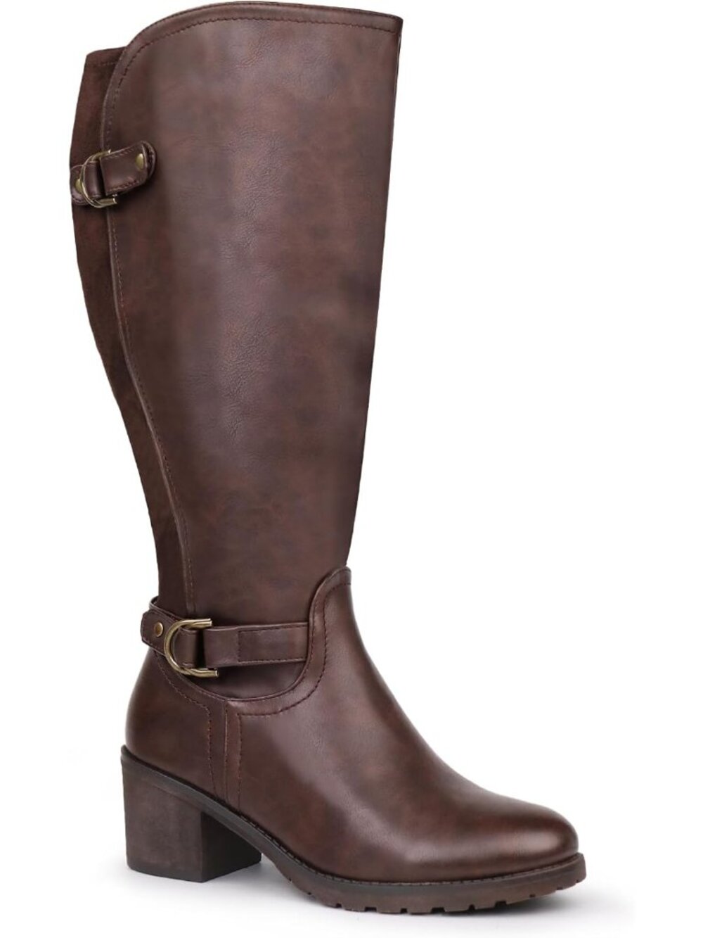Women's Brown Wide Calf Knee High Riding Boot Double Buckle Block Heel Round Toe